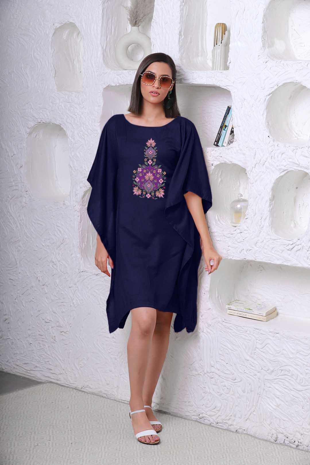 Navy Rayon Kaftan - Ancient motif | XS to 8XL | Plus Size Clothing for women | LetsDressUp