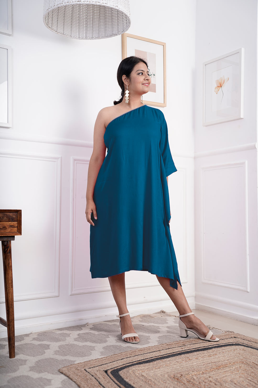 Teal Rayon OneShoulder Dress - Solid