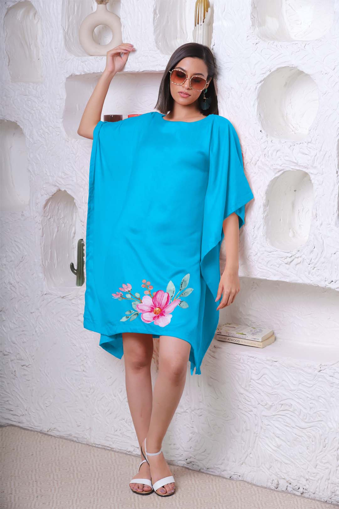 Turquoise Rayon Kaftan - Budding Floret | XS to 8XL | Plus Size Clothing for women | LetsDressUp