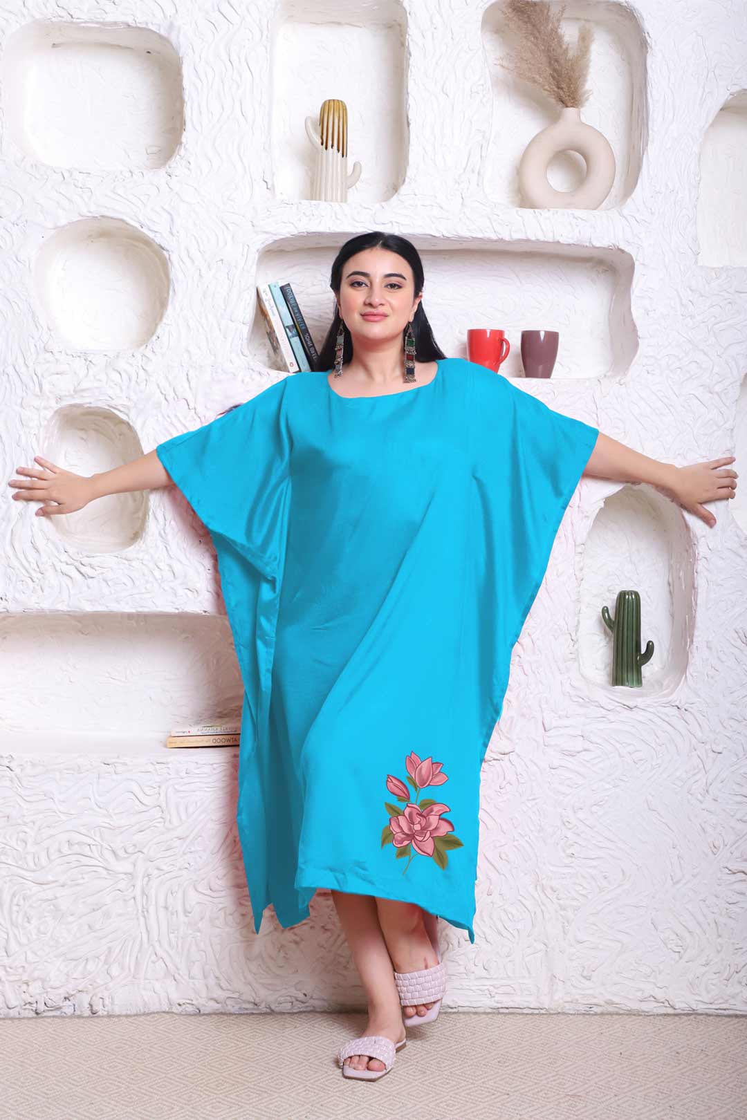 Turquoise Rayon Long-Kaftan - Boozy florals | XS to 8XL | Plus Size Clothing for women | LetsDressUp